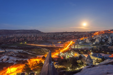 Beautiful view of Goreme Open Air Museum, Goreme, Cappadocia, Turkey on sunset. Famous center of balloon fligths.