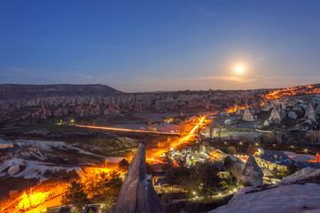 Obraz premium Beautiful view of Goreme Open Air Museum, Goreme, Cappadocia, Turkey on sunset. Famous center of balloon fligths.
