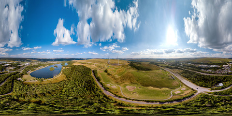 Aerial 360 degree seamless panorama of a park and lake in South Wales (Brynbach Park, Tredegar)