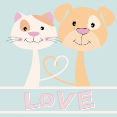 Kitty and puppy with text love on blue background.