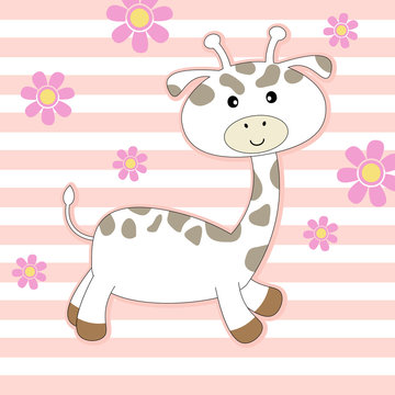 Cute cartoon giraffe on colored background. Greeting card to Valentines Day.