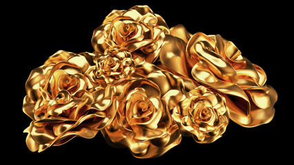 Beautiful element, gold, rose, stucco, ornament, frame. 3d illustration, 3d rendering.