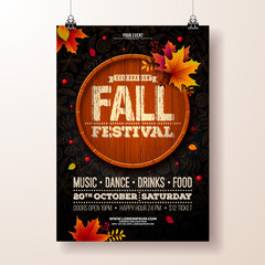 Fototapeta premium Autumn Party Flyer Illustration with falling leaves and typography design on vintage wood barrel. Vector Autumnal Fall Festival Design with doodle background for Invitation or Holiday Celebration