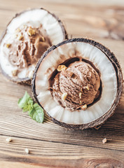 Chocolate ice cream in the coconut halves