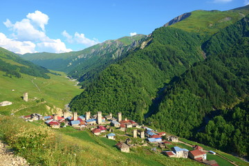 Typical old Svanetian village Adishi on a hiking trail leading from Mestia to Ushguli, Georgia