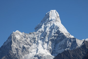 Wonderful view of mountain Ama Dablam in the Mount Everest range, iconic peak of Everest trekking route, eastern Nepal