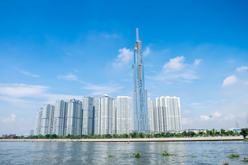 Panoramic view of Landmark 81 from the river - a new iconic skycrapper of Ho Chi Minh City, Vietnam
