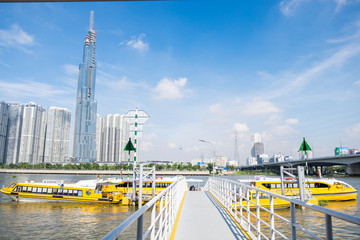 Panoramic view of Landmark 81 from the river bus station - a new iconic skycrapper of Ho Chi Minh City, Vietnam
