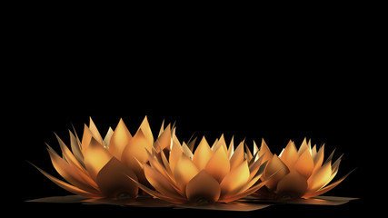 Gold flower paper and grass. 3d illustration, 3d rendering.