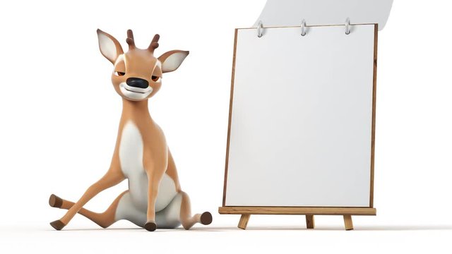 Cute Cartoon Deer Turns the Page. Beautiful 3d animation with shadow, alpha and uv passes. All animations have the same poses at the start and the end. Apply blur for the UV pass for more correct work