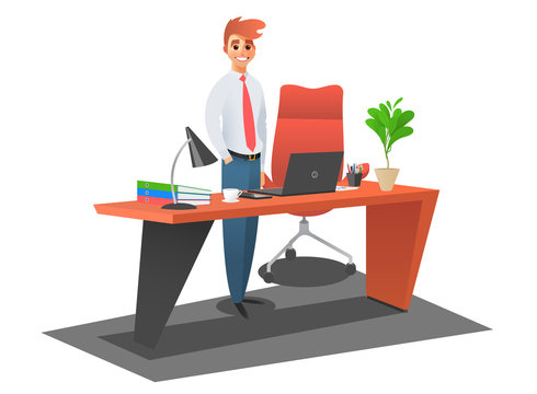 Businessman stand near desk in office vector illustration