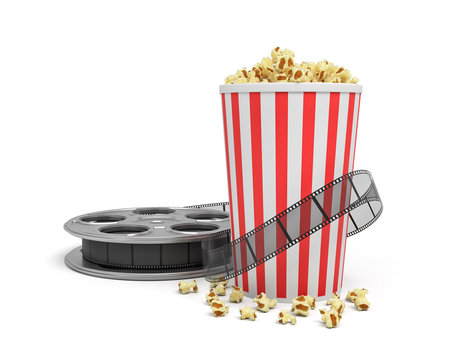 3d rendering of a video reel with video film stretching around a big bucket full of popcorn.