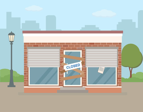Store or cafe is bankrupt and closed. Facade of  building on city background.Flat vector illustration.
