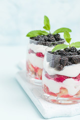 Fresh healthy multilayered dessert trifle with raspberries and blackberries on pastel blue background.