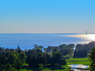 Mackinac Island in Michigan, USA. Summer day landscape, panoramic view with blue sky in Great Lakes region of North America.