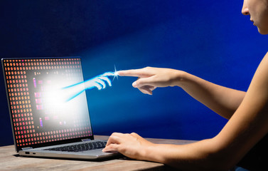 Hands of artificial intelligence and human are touching. Virtual reality or artificial intelligence...
