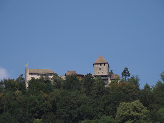Fototapeta na wymiar Swiss Hohenklingen castle in forest landscapes at hill above european Stein am Rhein town in Switzerland