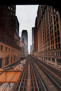 Cityscape and train tracks, Chicago, Illinois, United States