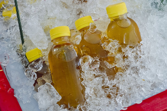 Herbal drink Chrysanthemum tea in plastic bottle on ice
