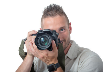 young man photographer isolated on a white background