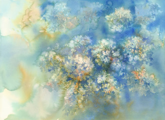 Fototapeta na wymiar a bouquet of blue flowers, hydrangeas watercolor illustration