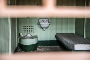 Inside a cell in Alcatraz prison in San Francisco, California, USA