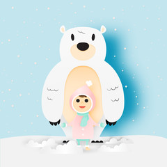 cute child with polar bear in paper art style and winter background