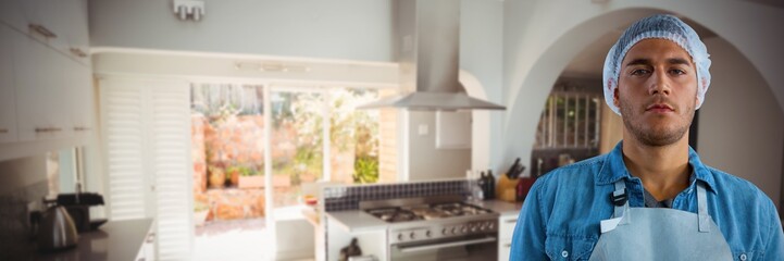 Composite image of male waiter standing