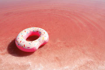 Inflatable ring floating in pink lake on sunny day