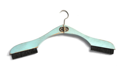 Vintage folding wooden hanger with built in two brushes  in light blue color