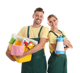 Janitors with cleaning supplies on white background