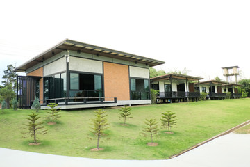 View of Modern Resort in Rice Field, Country of Thailand