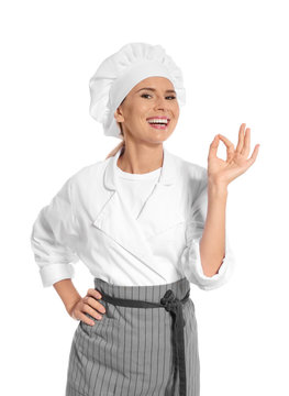 Female Chef In Apron Showing Perfect Sign On White Background