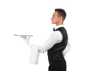 Waiter holding metal tray on white background