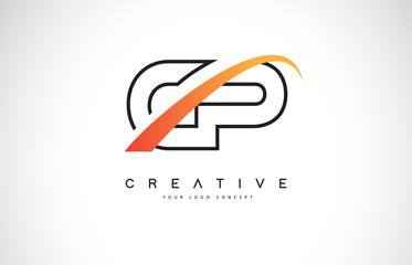 CP C P Swoosh Letter Logo Design with Modern Yellow Swoosh Curved Lines.