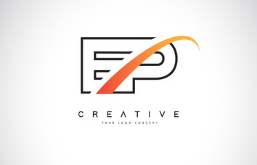 EP E P Swoosh Letter Logo Design with Modern Yellow Swoosh Curved Lines.