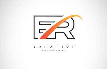 ER E R Swoosh Letter Logo Design with Modern Yellow Swoosh Curved Lines.