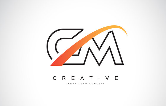 CM C M Swoosh Letter Logo Design with Modern Yellow Swoosh Curved Lines.