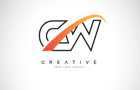 CW C W Swoosh Letter Logo Design with Modern Yellow Swoosh Curved Lines.