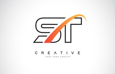 ST S T Swoosh Letter Logo Design with Modern Yellow Swoosh Curved Lines.