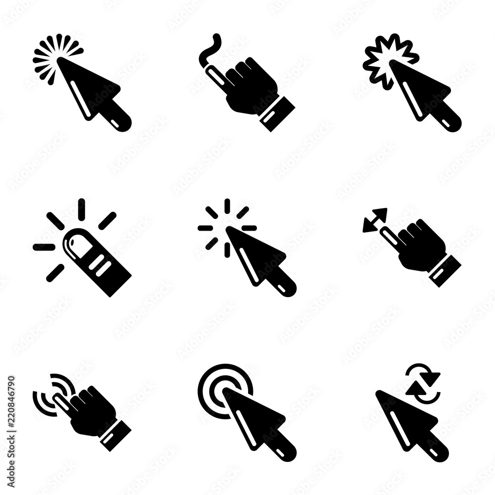 Poster button click icons set. simple set of 9 button click vector icons for web isolated on white backgrou