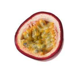 Slice of passion fruit on white background
