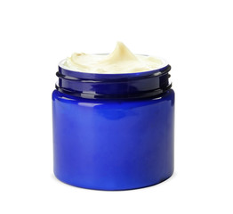 Jar with hand cream on white background