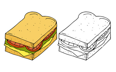 Hamburger,sandwich.Bread with cutlet,cheese,lettuce,tomato.Color,black and white  hand drawn  illustration isolated on white background.American Street fast food.doodles  cartoon style.