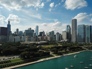 Aerial Chicago bay buildings bridge 