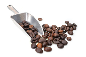 coffee accessories and coffee beans on white background