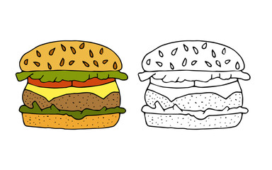 Hamburger,cheeseburger.Bun with cutlet,cheese,lettuce,tomato.Color,black and white  hand drawn  illustration isolated on white background.American Street fast food.doodles  cartoon style.