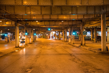 Aerial Chicago bay buildings bridge 