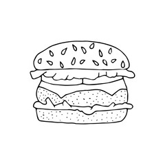 Hamburger,cheeseburger.Bun with cutlet,cheese,lettuce,tomato.Black and white  hand drawn  illustration isolated on white background.American Street fast food.doodles  cartoon style.