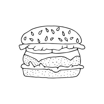 Hamburger,cheeseburger.Bun with cutlet,cheese,lettuce,tomato.Black and white  hand drawn  illustration isolated on white background.American Street fast food.doodles  cartoon style.